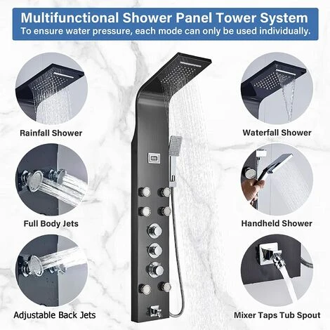 Shower Panel Black 5 Function Shower Heads With Waterfall Rainfall Shower 6 Massage Nozzles Tub Spout Handheld Shower For Bathroom Wall Mounted - Image 2