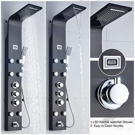Shower Panel Black 5 Function Shower Heads With Waterfall Rainfall Shower 6 Massage Nozzles Tub Spout Handheld Shower For Bathroom Wall Mounted - Image 4
