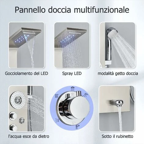 Shower Panel Tower System Brushed Nickel Stainless Steel LED Rainfall Waterfall Shower 6 Functions With Massage Nozzle Rainfall Hand Shower Bathroom Wall Mounted Shower Panel - Image 2