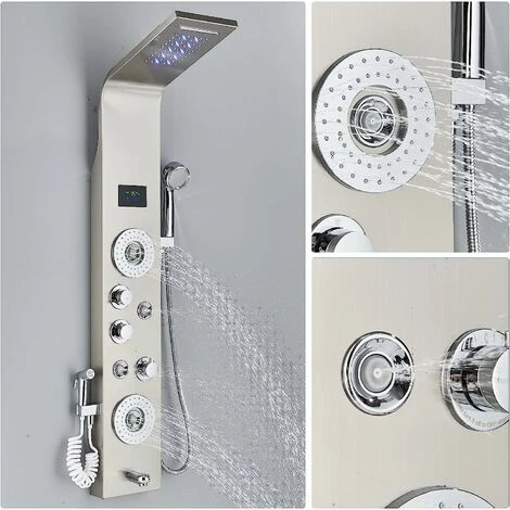 Shower Panel Tower System Brushed Nickel Stainless Steel LED Rainfall Waterfall Shower 6 Functions With Massage Nozzle Rainfall Hand Shower Bathroom Wall Mounted Shower Panel - Image 4