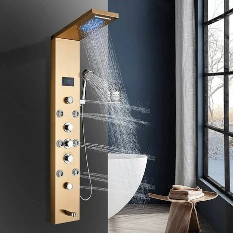 Shower Panel Gold Stainless Steel LED Rainfall Waterfall Shower 6 Functions With Massage Nozzle Rainfall Hand Shower Bath Spout Bathroom Wall Mounted Shower Panel