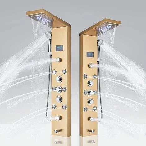 Shower Panel Gold Stainless Steel LED Rainfall Waterfall Shower 6 Functions With Massage Nozzle Rainfall Hand Shower Bath Spout Bathroom Wall Mounted Shower Panel - Image 2