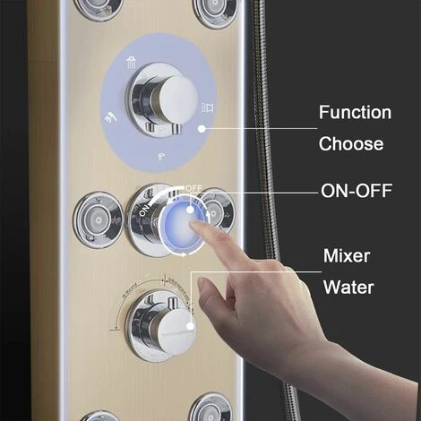 Shower Panel Gold Stainless Steel LED Rainfall Waterfall Shower 6 Functions With Massage Nozzle Rainfall Hand Shower Bath Spout Bathroom Wall Mounted Shower Panel - Image 3