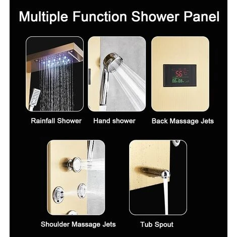 Shower Panel Gold Stainless Steel LED Rainfall Waterfall Shower 6 Functions With Massage Nozzle Rainfall Hand Shower Bath Spout Bathroom Wall Mounted Shower Panel - Image 4