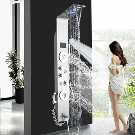 Shower Panel Column Tower LED Shower System With 6 Functions, Unique Powerful Hydromassage And Bidet Tap Shower Tower Wall Mounted Brushed Nickel