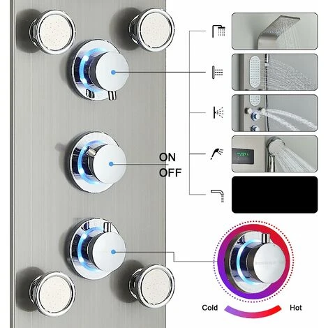 Bathroom Shower Panel Tower System LED Stainless Steel With 5 Function Shower Head Handheld Shower Massage Jets Brushed Nickel - Image 4